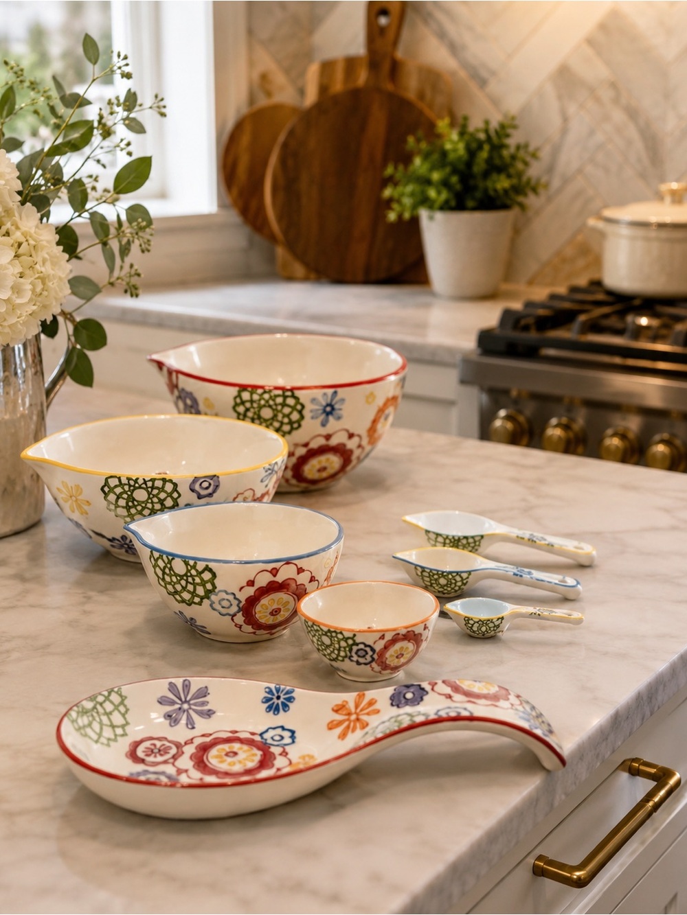 Pier 1 Hand Painted 8 Piece Kitchen Set Measuring Cups Spoons Spoon Rest Boho